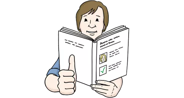 Grafik: Ein Mann mit Buch, der den Daumen hoch hält. Grafik: Ein Mann mit Buch, der den Daumen hoch hält.